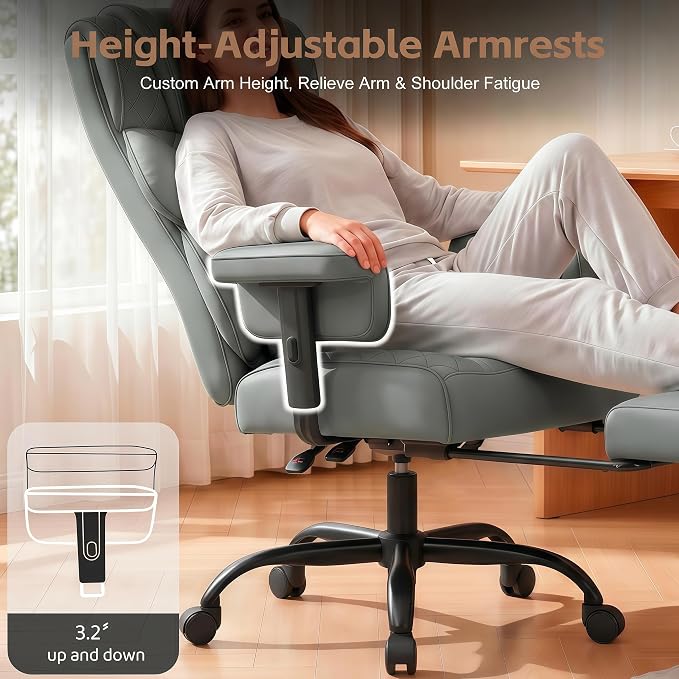 Vonesse Office Chair, Desk Chair with Soft Adjustable Armrests, Ergonomic High Back Gaming Chair with Lumbar Support, Executive Computer Chairs with Footrest (PU Leather, Gray) - Image 4