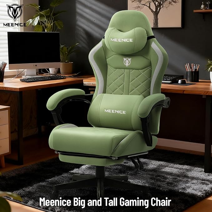 Big and Tall Gaming Chair Fabric with Footrest, Massage Lumbar for Adults | Ergonomic High Back Gamer Chair with Pocket Spring Cusion, Wide Video Game Chair Comfy for Big Guys 400LBS Home Office Green - Image 3