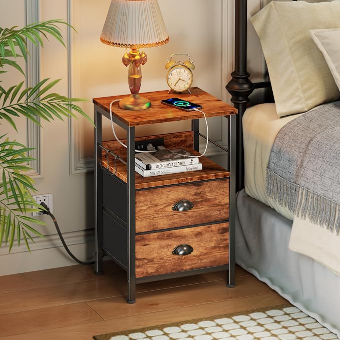 Nightstand with Charging Station for Dorm, 2 Fabric Drawers, Rustic Brown - Image 2
