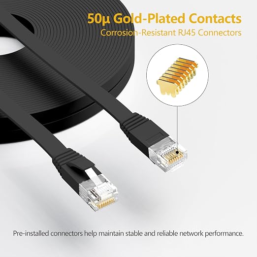 Jadaol Cat6/Cat6A Ethernet Cable 60FT Flat with Clips 10Gbps Network, Black - Image 2