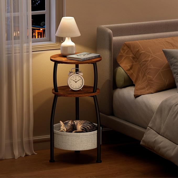 Round Side Table for Small Spaces with Storage Basket, 11.81in - Image 8