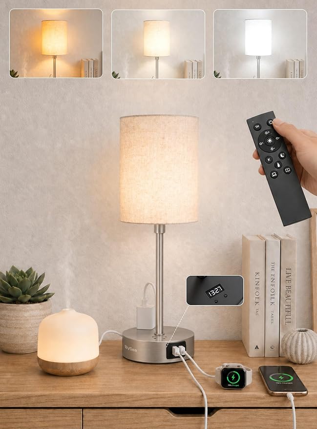 BySea Dimmable Desk Lamp with Clock, Remote, USB Ports, AC Outlet, Nickel by Unknown