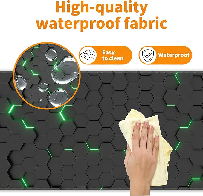 Green Hexagon Honeycomb Desk Mat, XXL 35.4"x15.7" Large Mouse Pad, Geometric Extended Gaming Mouse Mat,Non-Slip Rubber Base Waterproof with Stitched Edges for Gaming Office Home Decor - Image 4