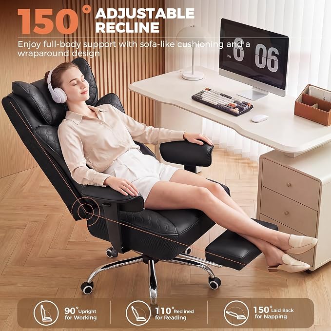 GTPLAYER Big and Tall Office Chair Wide Ergonomic Gaming Chair with Deluxe Embossing Designed Leather with Foot Rest,150°Reclining Adjustable Soft Armrests Pocket Spring Back Support and Pillow - Image 8