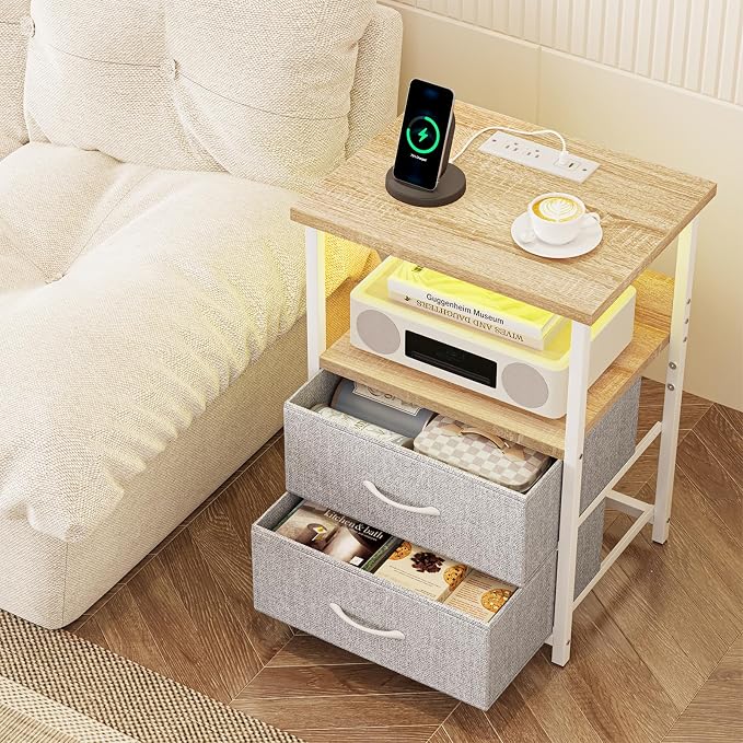 Fixwal Night Stand with Charging Station, Led Nightstand, 2 Fabric Drawers - Image 6