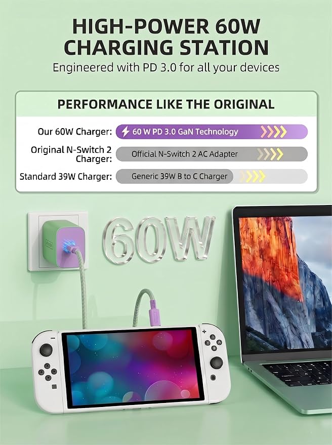 TPC 60W Charger for Nintendo Switch 2, Supports 4K TV Mode, Fast Charging AC Adapter (20V 3A) with 6.6FT Braided USB-C Cable, Compatible with Switch 1/OLED/Lite & Steam Deck (Green & Lavender) - Image 3