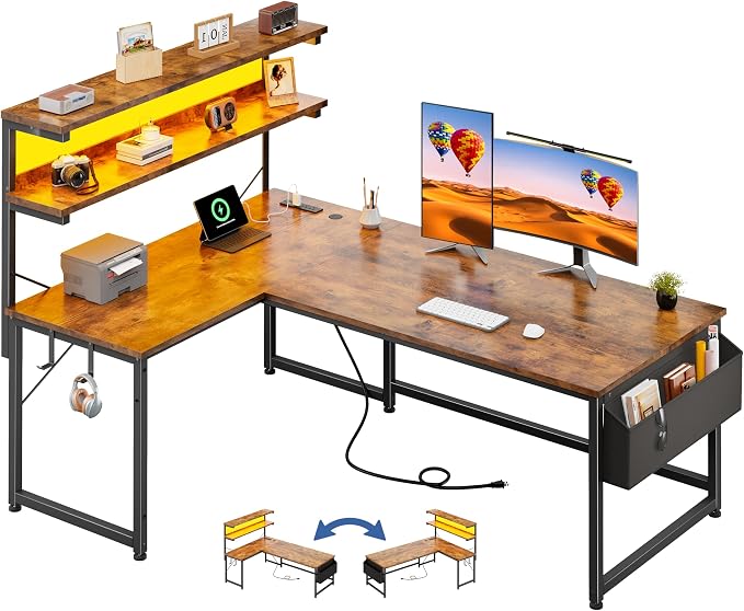 DurayLoly 53"L Shaped Desk with Storage Shelf,Side Bag,Hook for Small Space - Image 7
