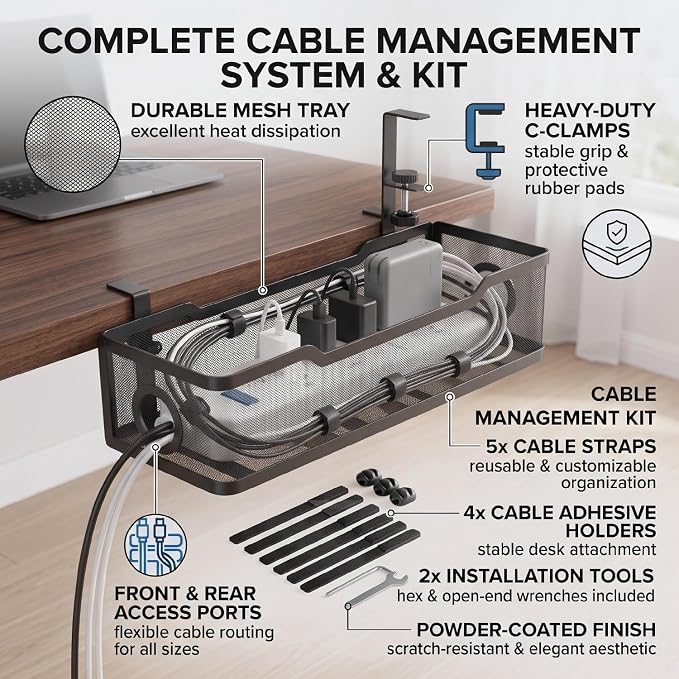 Under Desk Cable Management Tray, No Drill Cable Organizer for Desk, Metal Wire Management Basket with Clamp Mount, Cord Organizer Holder for Standing Desk, Home Office and Gaming Setup - Image 6