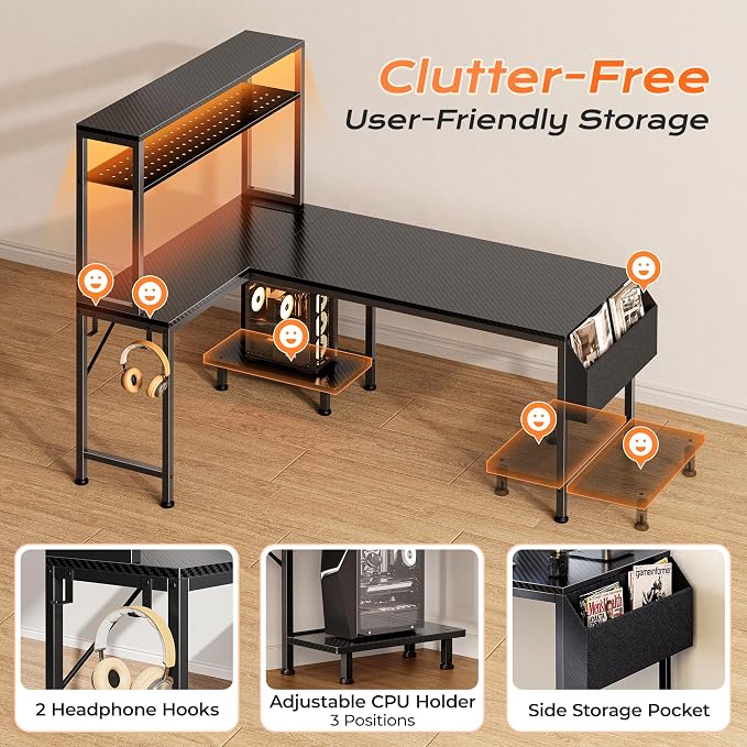 PRAISUN L Shaped Gaming Desk with LED Lights & Power Outlets | Reversible Computer Desk with Storage Shelves & Bag, Large Corner Home Office Desk for Work from Home, Carbon Fiber Black - Image 9