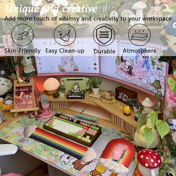 Cute Rainbow Mouse Pad with Wrist Rest for Mouse Pad Gel Cloud Keyboard Wrist Rest PU Base Silicone Ergonomic White Cloud Mouse Wrist Pad Support for Gaming Desk Laptop Home Office - Image 5