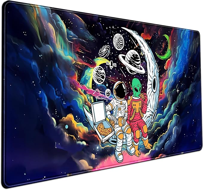 Funny Space Mouse Pad Desk Mat Astronaut Alien Large Gaming Mouse Pads Anime Desk Pad Mousepad XXL Cool Trippy Universe Extended Keyboard Mat with Stitched Edges Anti-Slip, 31.5 X 15.8 in by Mechanical+Cattle