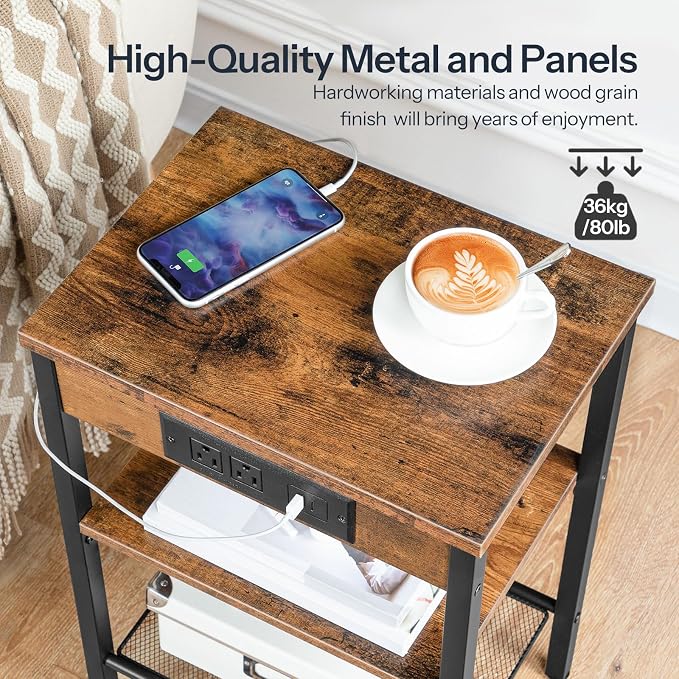 HOOBRO Side Table with Charging Station and USB Port, Small End Table for Small Space, 3-Tier Nightstand with Adjustable Shelf, for Living Room, Bedroom, Rustic Brown BF112BZ01 - Image 7