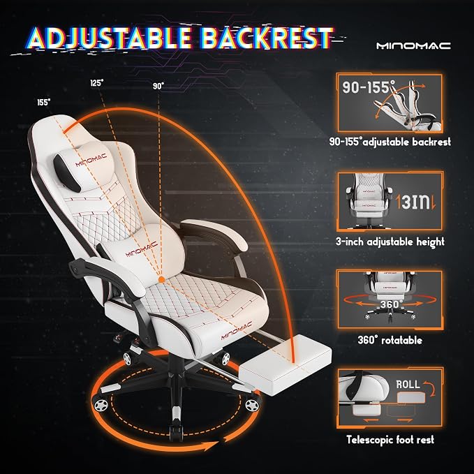 Gaming Chair,Big and Tall Gaming Chair 400lbs Office Chair with Footrest, 90-155° Recline & Removable Headrest Lumbar Support[Spring + 4D Sponge] (White) - Image 6
