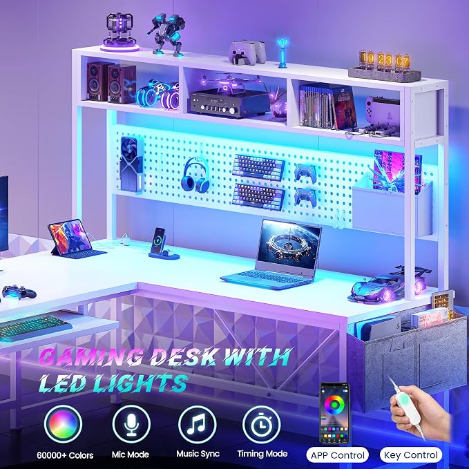 SEDETA White L Shaped Gaming Desk with Hutch, Power Outlet and Pegboard | Reversible 94.5" Computer Desk Two Person Desk, Corner Desk with Storage Shelf Keyboard Tray and LED Lights for Home Office - Image 8