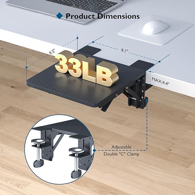 BONTEC Ergonomic Desk Extender Tray, 9.5"x9.1" Wrist Rest Shelf | 90°Foldable Elbow Support, Table Mount Arm, Clamp on Computer Arm Rest for Desk, Office & Home Use,Durable Easy to Install - Image 6