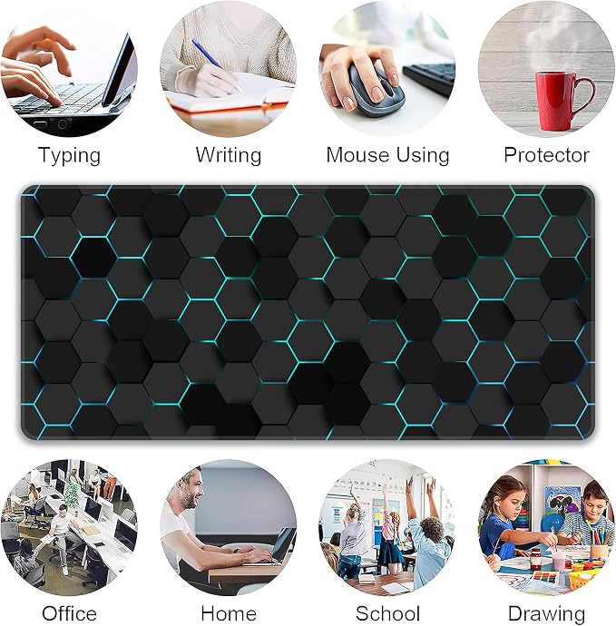 Blue Hexagon Honeycomb Desk Mat, XXL 35.4"x15.7" Large Mouse Pad, Geometric Extended Gaming Mouse Mat,Non-Slip Rubber Base Waterproof with Stitched Edges for Gaming Office Home Decor - Image 6