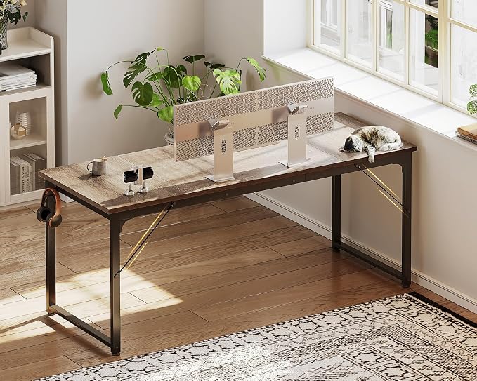 Casaottima 63 Inch Computer Desk for Home Office, Study Writing Table for Small Spaces, Simple Modern Desk with Headphone Hooks, Grey Oak - Image 6