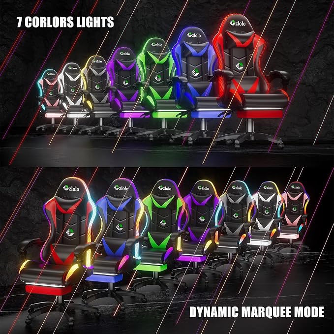 Czlolo Gaming Chair, Racing Style RGB LED Lights Gaming Chairs for Adults and Kids, Lumbar Massager Gamer Chair, High Back Reclining Computer Chair with Footrest and Headrest (Black/White) - Image 5