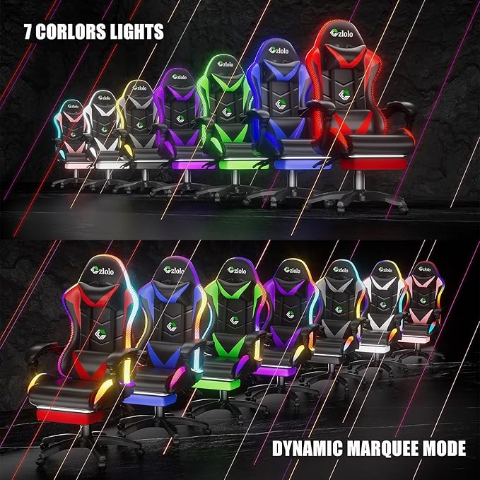 Czlolo Gaming Chair, Racing Style RGB LED Lights Gaming Chairs for Adults and Kids, Lumbar Massager Gamer Chair, High Back Reclining Computer Chair with Footrest and Headrest (Black/Red) - Image 5