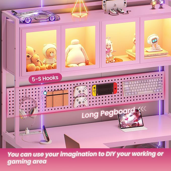 SEDETA L Shaped Gaming Corner Desk with Drawers, Hutch and Storage Shelves | Reversible L Shaped Computer Desk, Gaming Desk with Pegboard, Led Lights, and Power Outlet for Home Office, Small Space, Pink - Image 6