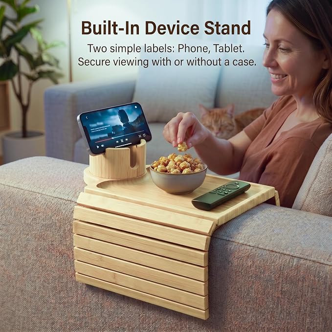 OMEO Couch Cup Holder Tray, 3 in 1 Couch Arm Trays – Large Bamboo Chair Arm Rest Tray with 360° Cup Holder | Removable Anti-Slip Organizer for Snack Eating - Image 5