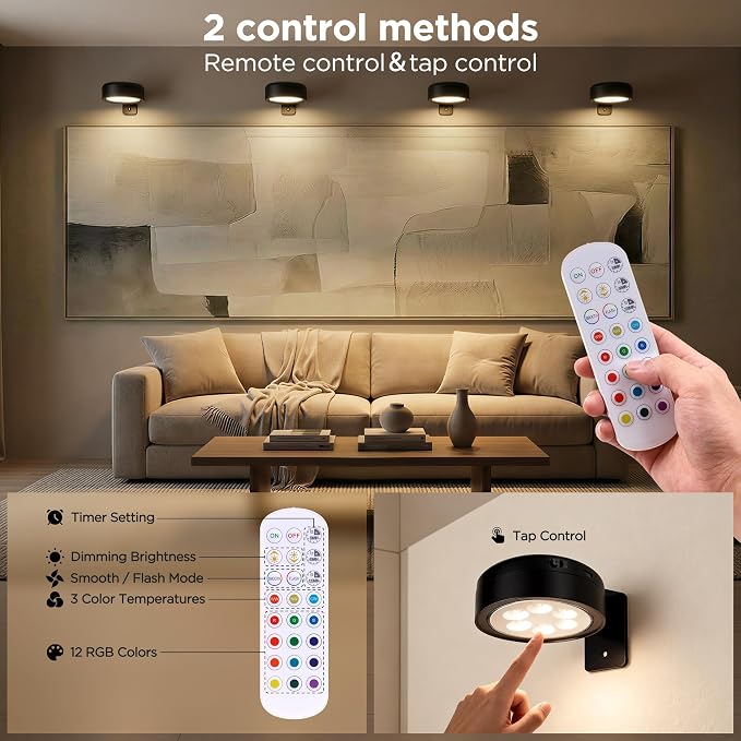 6-Pack Picture Lights for Wall, Rechargeable Wireless Poster Lights, Black - Image 5