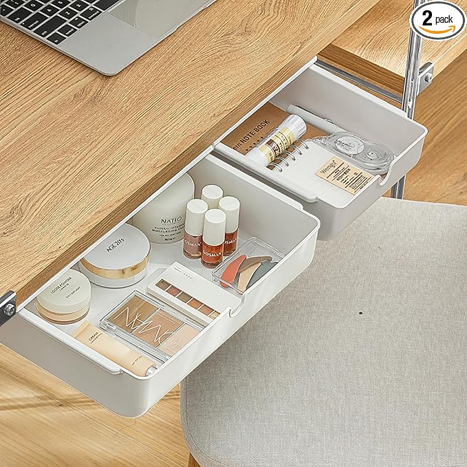 2 Pack Under Desk Drawer, Large & Medium Self-Adhesive Under Desk Organizer, Hidden Under Desk Storage Box Cosmetics Case Stick On Under Table Tray Holder for Cutlery, Office Supplies, Stationery by Akittyya
