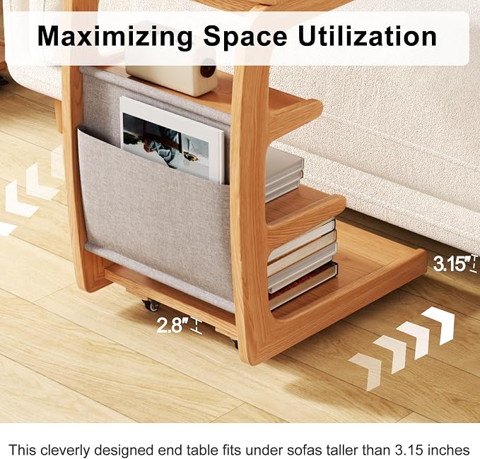 AQIMUELE Rolling Side Table, C Shaped End Table, C Table with 4 Wheels Solid Wood Small Rolling Desk with Adjustable Desktop,C Shaped End Table for Couch,Home Office(15.6" D x 23.6" W x 24.3" H) - Image 5