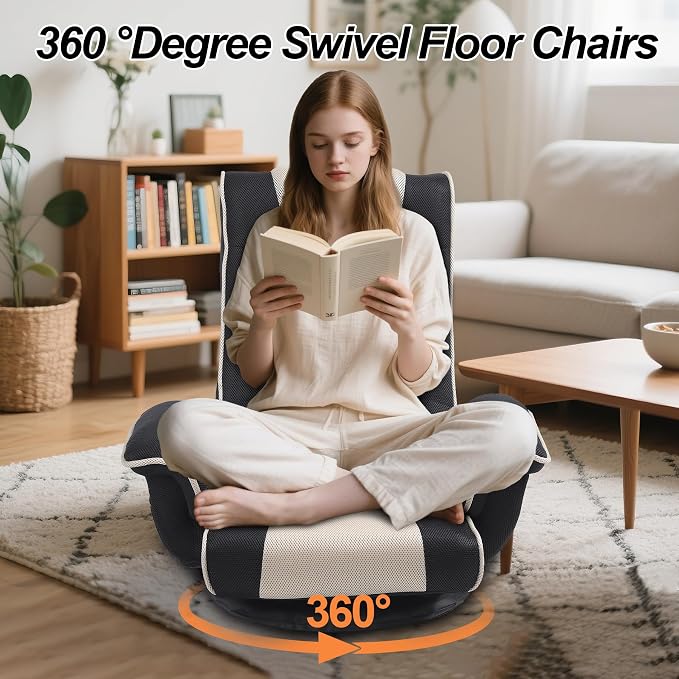 Swivel Floor Chair for Adults, 14-Position Adjustable Floor Gaming Chair with Back Support & Armrests, Foldable Lazy Sofa Lounge, Breathable Mesh for Gaming Reading Meditation (Grey/Beige) - Image 3