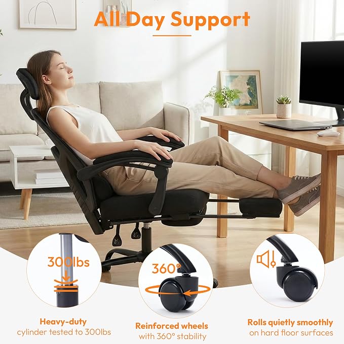 Desk Chair with Foot Rest, High-Back Mesh Office Chair, Classic Black | Reclining Gaming Chair with Headrest and Adjustable Lumbar Support, 90°-130° Reclining, for Home Office and Gaming - Image 5