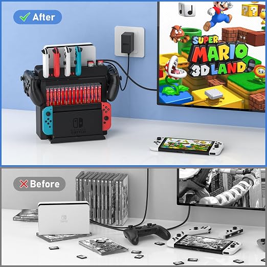 Switch Game Storage with Controller Charger for Nintendo Switch & OLED Model, Switch Charging Dock Charges 6 Joycons, Switch Gaming Accessories Holder for Desk, Switch Game Gift Card Organizer (Black) - Image 5
