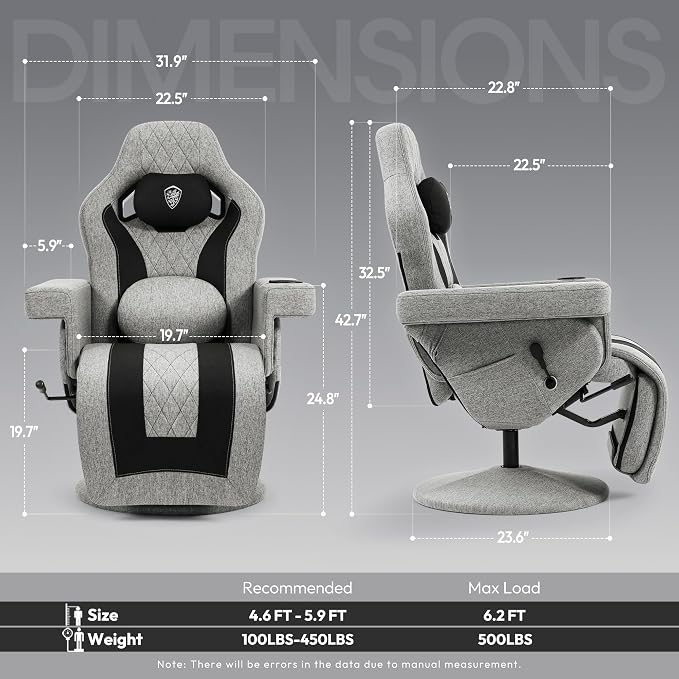 Dowinx Gaming Recliner Chair No Wheels with Footrest Shtasu Massage Lumbar | Racing Style Ergonomic High Back Recliner Heavy Duty with Wider Backrest Thick Cushion for Home Long Gaming Session Grey - Image 3
