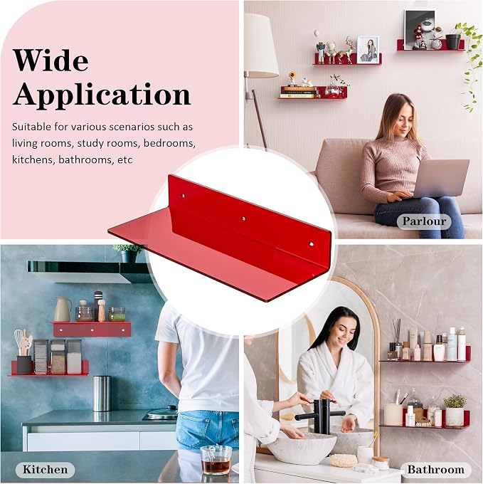 Sezanrpt 15 Inches Red Acrylic Shelves, Wall Mounted Shelves for Bedroom, Wall Display Shelves for Collectibles, Funko Pop, Speaker, Plants, 2 Pack - Image 6