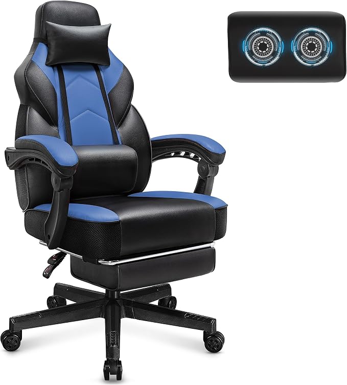 Video Game Chair for Adults, Gaming Chair with Footrest, Big and Tall Computer Chair with Massage Lumbar Support 330lbs Weight Capacity, Adjustable Height, 360° Swivel Seat and Headrest (Blue) by Meilocar