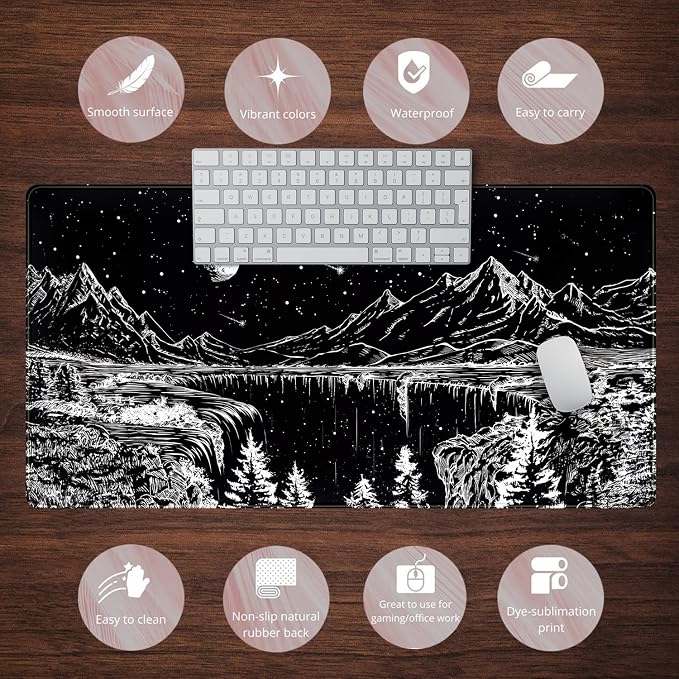 Black and White Desk Mat Dark Nature Forest Mouse pad XXL Starry Night Mountain Desk pad Aesthetic Moon and Stars Mousepad XXL for Laptop Computer Mouse Gaming Keyboard Mat, 31.5 X 15.8 in - Image 6