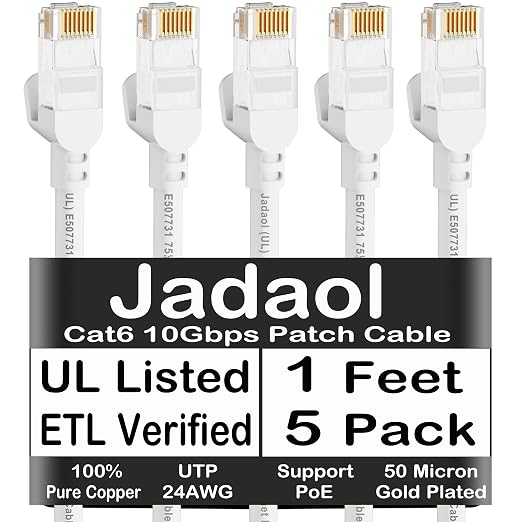 Jadaol [UL Listed] Cat6 Ethernet Cable 1FT 5-Pack 10Gbps 24AWG, White by Jadaol