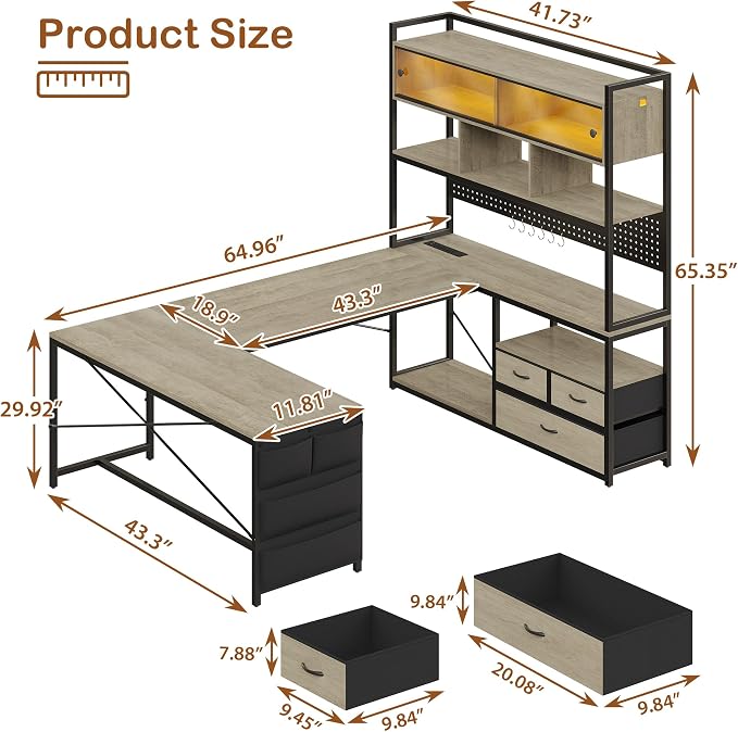 Dnxao U-Shaped Corner Gaming Desk with 3 Drawers and Pegboard, Oak Gray | 65" Reversible Computer Desk with Power Outlets and LED Lights, Storage Shelves Workstation with Pegboard for Gamers - Image 2