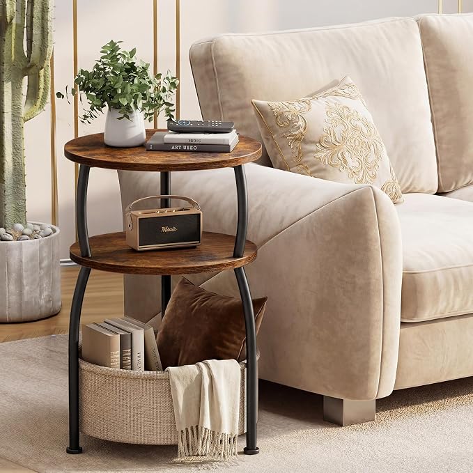 Round Side Table with Storage Basket for Living Room Rustic Brown - Image 2