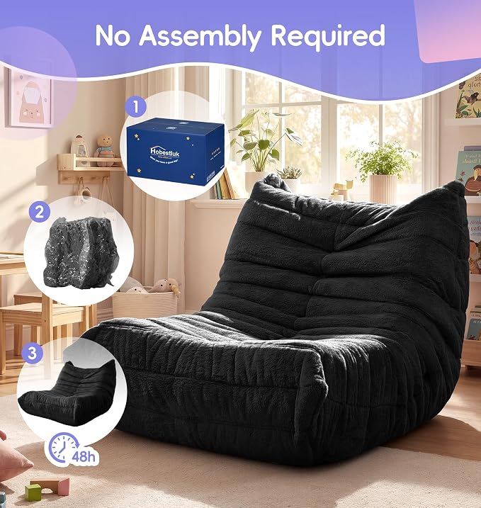 Hobestluk Small Bean Bag Chair Fireside Floor Chair BeanBag Couch Togo Sofa | Ergonomic Design,Memory Foam,No Assembly,Faux Fur Comfy Lounger with Back Support for Gaming Classroom | Black Plush Small - Image 8