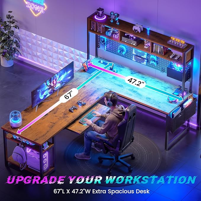 SEDETA L Shaped Computer Desk, Reversible Corner Desk with Power Outlet | Gaming Desk with Pegboard, Led Lights, Keyboard Tray, Headphone Hook and Storage Shelves, Rustic Brown - Image 5