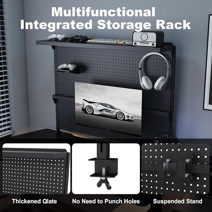 Clamp On Desk Pegboard with Single Monitor Stand, 43x35 Inch Steel Peg Board Organizer with Hooks Movable Panel for Gaming Office, Black - Image 8