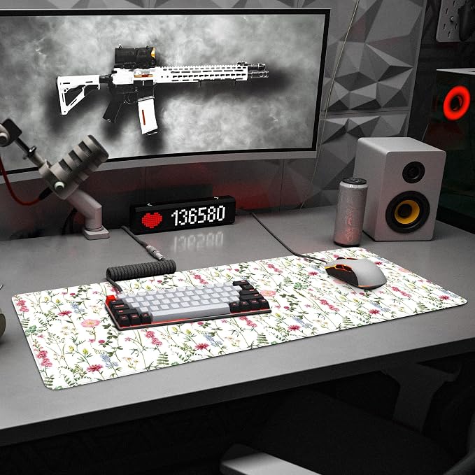White Kawaii Flower Mouse Pad Large Desk Mat Extended Keyboard Mouse Pad Cute Mousepad with Non-Slip Base and Stitched Edge Floral Mouse Mat Desk Pad 31.5 x 11.8 Mouse Pads for Desk Home Office Gaming - Image 6
