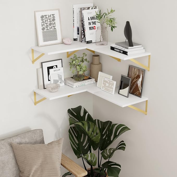 Axeman Deep Floating Shelves for Wall, 12 Inch Deep White and Gold Shelves Set of 2, 16W x 12D White Wood Wall Shelves with Golden Brackets for Bedroom Bathroom Living Room Kitchen - White & Gold - Image 7