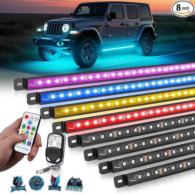 MICTUNING U8 RGB Underglow LED Light Bar, Dual Remote Control, Multicolor Underbody Light Strip with Aluminum Housing, Car SUV Exterior Neon Accent IP68 Waterproof, 8pcs by MICTUNINGINC