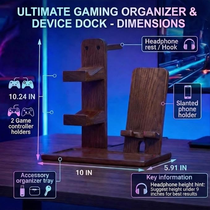 Wooden Headset Controller Stand Controller Holder Gamer Gifts | Controller Stand for Desk | Gaming Controller Organizer Rack, Fits Gamepad, Xbox, PS4, PS5, Gift for Son, Husband, Boyfriend - Image 2