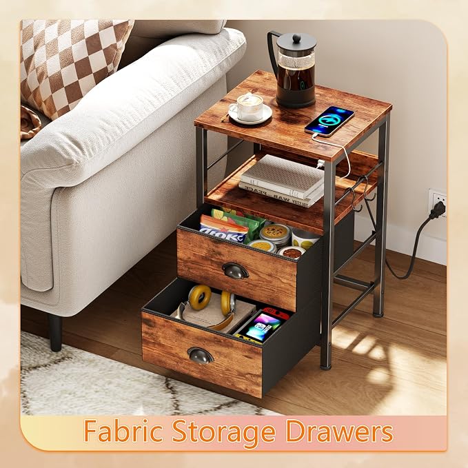 Nightstand with Charging Station for Dorm, 2 Fabric Drawers, Rustic Brown - Image 6