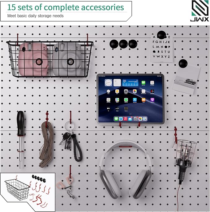 JWX DDB Standing Pegboard Shelf Unit, 30'' White Home Office shlef cabinets with Metal Pegboard and 15 Pieces Organizer Tool Holders - Image 8