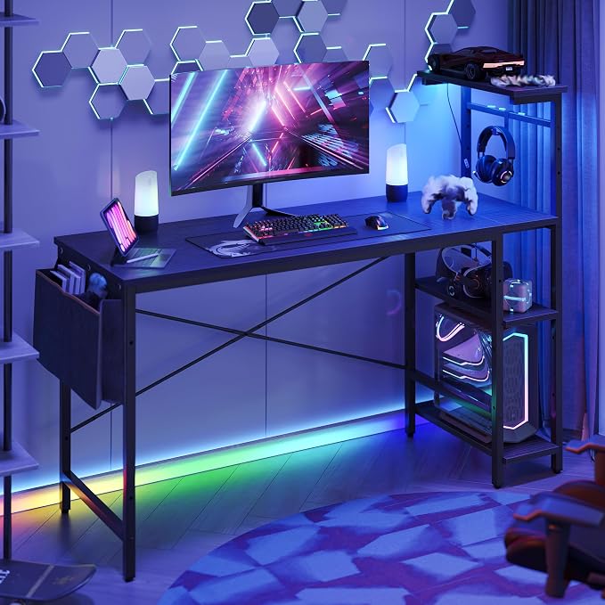 Bestier Gaming Desk with LED Lights, 51.3 Inch Computer Desk with 4 Tiers Reversible Shelves, Home Office Writing Desk with Side Storage Bag, Hooks and Height Adjustable Shelf (Black Grained) - Image 8