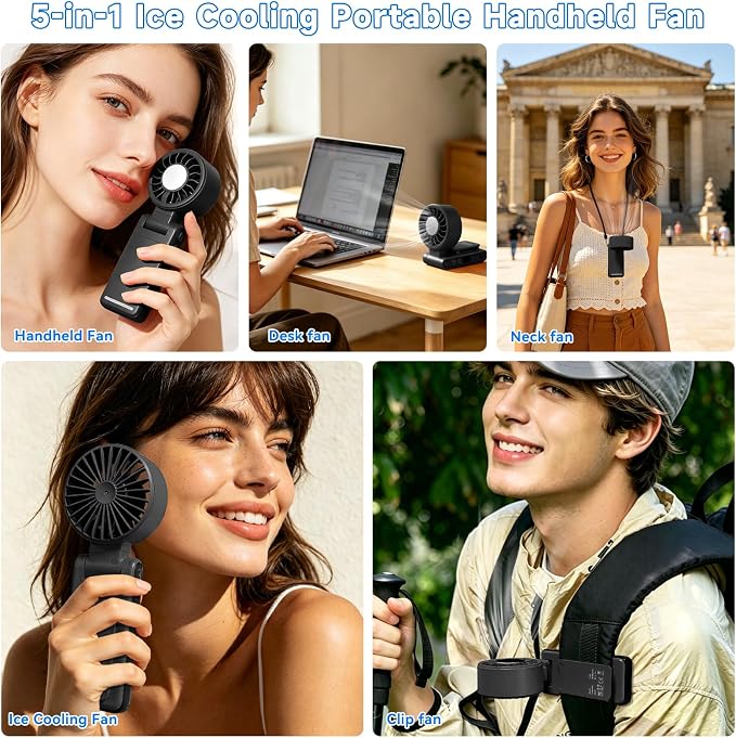Handheld Portable Turbo Fan with Ice Cooling,5 Speed Rechargeable LED Display Foldable Hand Held Personal Clip/Neck/Waist Fan,180°& 360° Adjustable,Pocket Mini Fan for Outdoor/Home/Office (Black) - Image 5