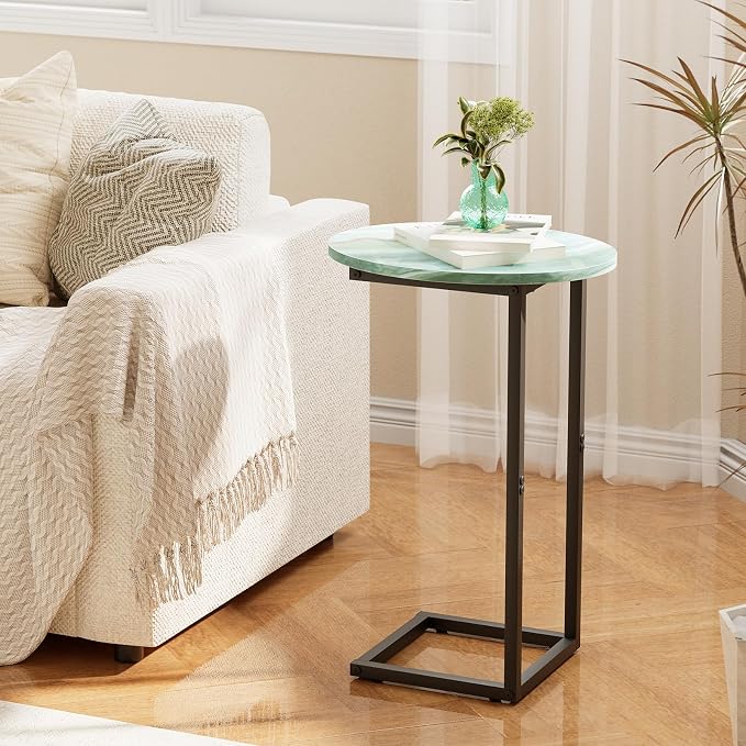 C Shaped End Side Table, Small Oval Couch Sofa Table for Bed, Snack Side Table with Metal Frame, TV Tray Table with White Marble for Small Space, Living Room, Bedroom, Bedside(Sea Blue) - Image 5